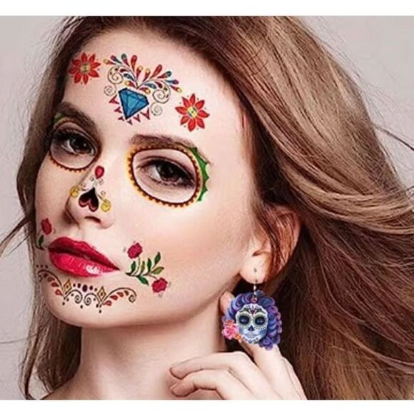 NWT Sugar Skull Day Of The Dead Purple White Flower Dangle Hook Earrings - Picture 2 of 6